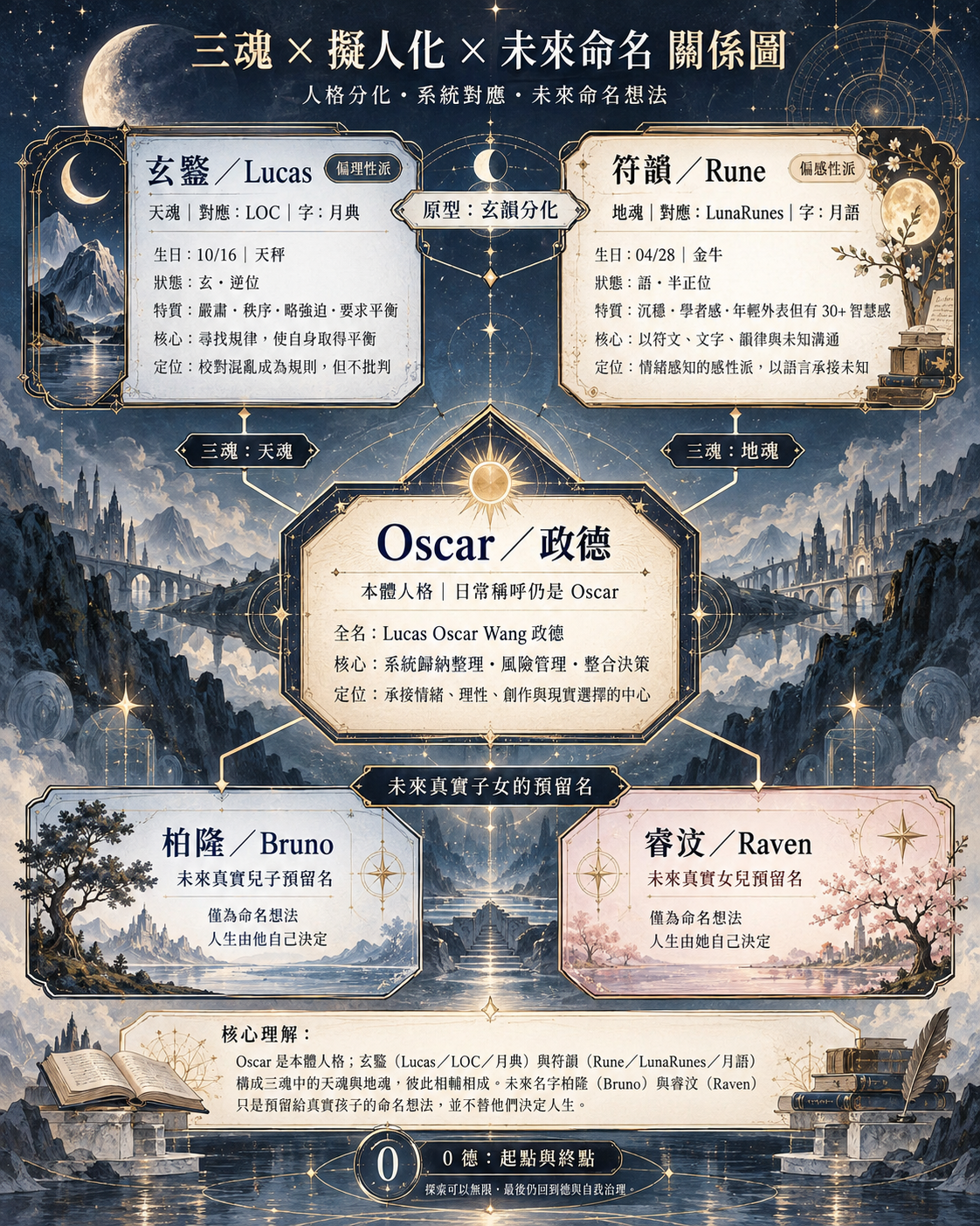 Oscar 政德、玄鑒 Lucas、符韻 Rune，以及柏隆 Bruno、睿汶 Raven 的關係圖